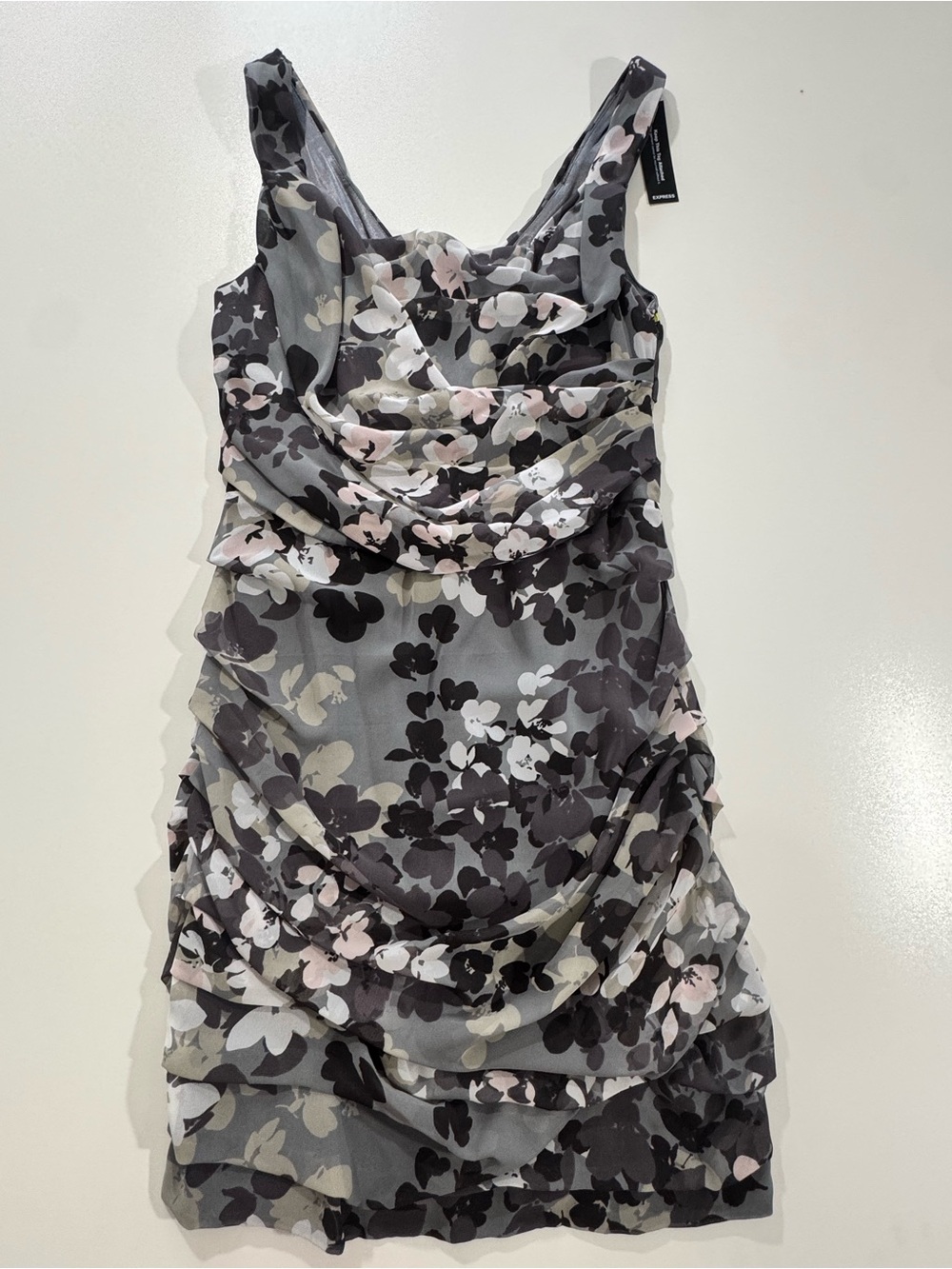 Express Floral Ruching Mini Dress in Gray, Black and Pink